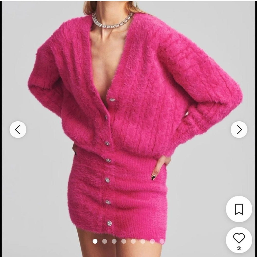 Retrofete Vibrant Pink Fuzzy Sweater Mini Dress with Rhinestone Buttons XS